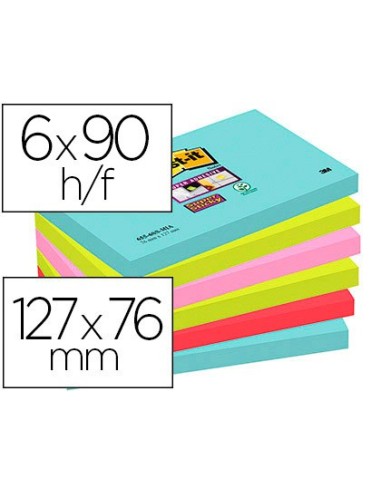 BLOC NOTAS ADH.POST-IT SUPER STICKY 76X127MM 6UD 90H. COL. SURT.