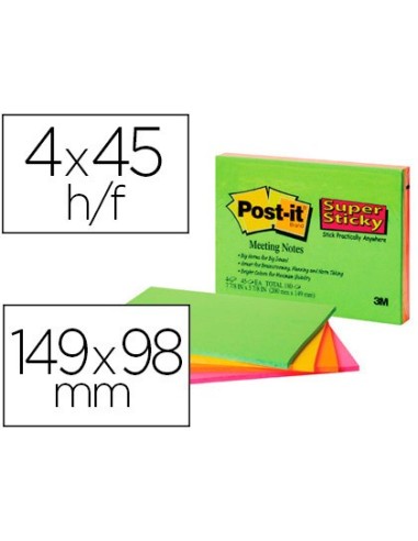 BLOC NOTAS ADH.POST-IT SUPER STICKY 149X98MM 4UD 45H. COL. SURT.