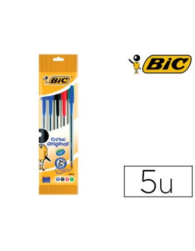 BOLIGRAFO BIC CRISTAL MEDIUM BOLSA 5U. SURT.2 AZ /1 NG./1 RJ /1 VE