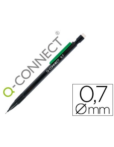 PORTAMINAS Q-CONNECT 0.7 MM CON 3 MINAS CUERPO NEGRO CON CLIP VERDE