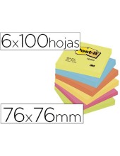 BLOC NOTAS ADH. POST-IT 76X76MM 6UD. 100H. COL.SURT. NEON