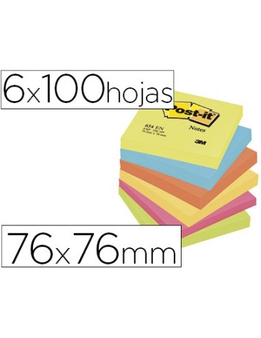 BLOC NOTAS ADH. POST-IT 76X76MM 6UD. 100H. COL.SURT. NEON