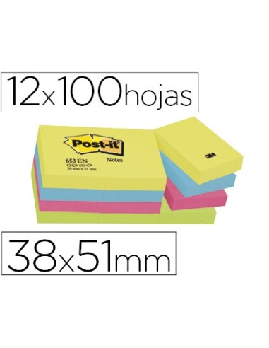 BLOC NOTAS ADH. POST-IT 38X51MM 12UD. 100H. COL.SURT. NEON