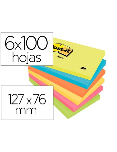 BLOC NOTAS ADH. POST-IT 76X127MM 6UD.100H. COL. SURT.