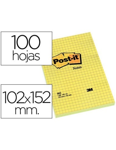 BLOC NOTAS ADH. POST-IT 102X152MM CUADRICULADO 100H. AM.