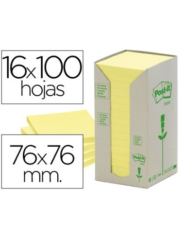 BLOC NOTAS ADH. POST-IT 76X76MM PAPEL RECICLADO 16UD. 100H. AM.