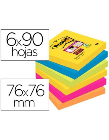 BLOC NOTAS ADH.POST-IT SUPER STICKY 76X76MM 6UD 90H. COL.SURT.