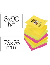 BLOC NOTAS ADH.POST-IT SUPER STICKY 76X76MM 6UD 90H. COL.SURT.