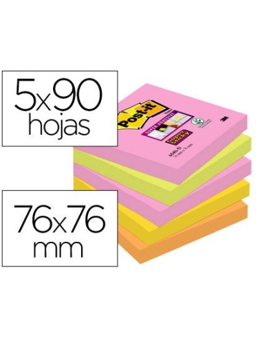 BLOC NOTAS ADH.POST-IT SUPER STICKY 76X76MM 5UD 90H. COL.SURT.