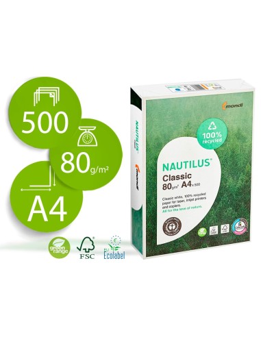 PAPEL FOTOCOP.NAUTILUS DIN A4 80 GRAMOS PAQUETE 500 H.100% RECICLADO