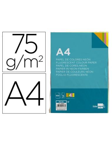 PAPEL COLOR DIN A4 75 GR PAQUETE 100 CUATRO COL.NEON SURT.