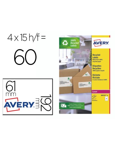 ETIQUETA ADH.AVERY BL.RECICLADO ARCHIVADOR 192X61MM LASER PK.DE 400