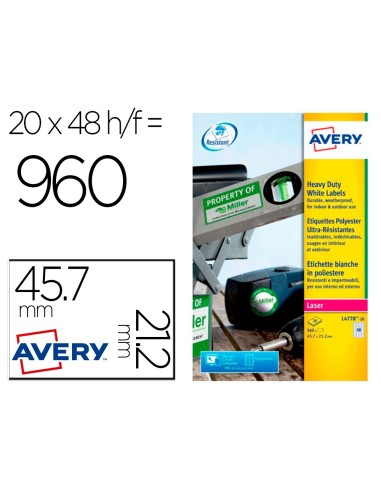 ETIQUETA ADH. RESIS AVERY POLIESTER BL.LASER 45,7X21,2MM CAJA 960 UD.