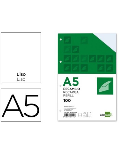 RECAMBIO LIDERPAPEL DIN-A5 100 H LISO 6 TALADROS MARGEN PAPEL 100 GR.