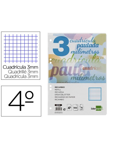 RECAMBIO LIDERPAPEL4º100 H CUADO PAUTADO 3 MM 70 GR C/MARGEN**