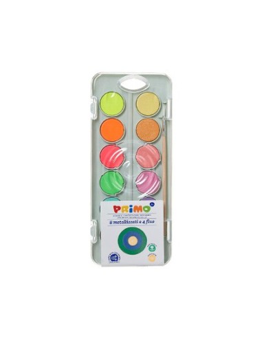 ACUARELA PRIMO 8 METAL + 4 NEON PINCEL PALETA MEZCLA ESTUCHE PLASTICO