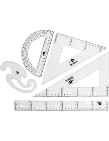 JUEGO ESCUADRA Y CARTABON 25CMREGLA 30CM SEMICIRCULO 15CM Y PLANTILLA