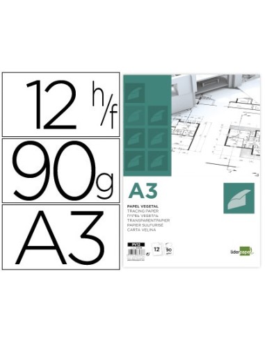 PAPEL DIBUJO LIDERPAPEL A3 297X420MM 90G/M2 VEGETAL SOBRE 12 HOJAS