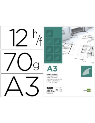 PAPEL DIBUJO LIDERPAPEL A3 297X420MM 70G/M2 VEGETAL SOBRE 12 HOJAS