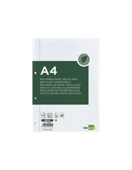 RECAMBIO  A4 100H. PAPEL RECICLADO 100% 80G/M2 4MM MARGEN4 TAL.