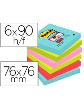 BLOC NOTAS ADH.POST-IT SUPER STICKY 76X76MM 6UD 90H. COL.SURT.