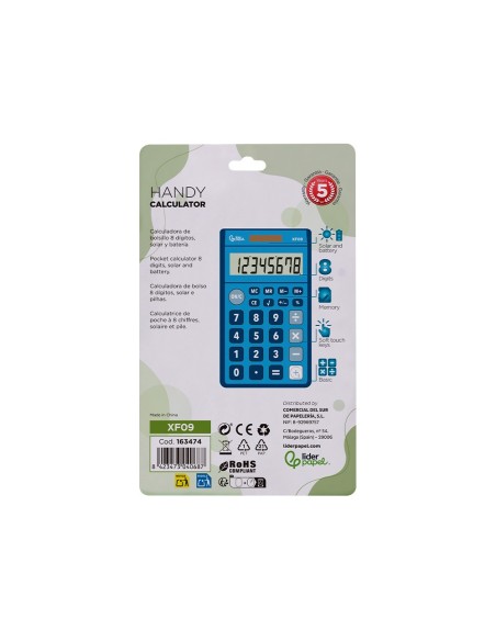 CALCULADORA  BOLSILLO XF09 8D.SOLAR PILAS AZ. 115X65X8MM