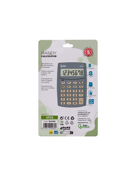 CALCULADORA  BOLSILLO XF03 8D.PILAS GRIS 99X64X9MM
