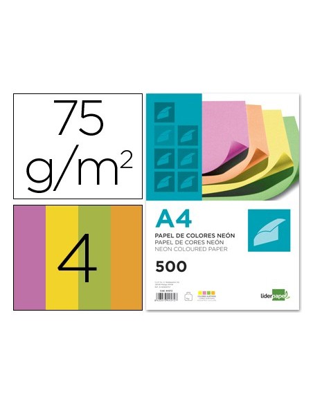 PAPEL COLOR DIN A4 75 GR PAQUETE 500 CUATRO COL.NEON SURT. PAPEL COLOR DIN A4 75 GR PAQUETE 500 CUATRO COL.NEON SURT.