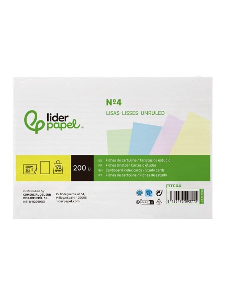TARJETA ESTUDIAR LISA CARTULINA 170 GR/M2 125X200MM PQ.DE 200 UD.
