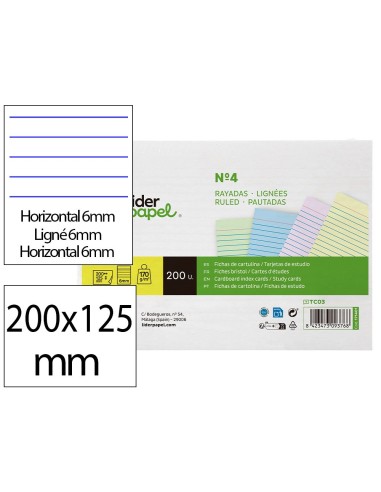TARJETA ESTUDIAR RAYADA CARTULINA 170 GR/M2 125X200MM PQ.DE 200 UD.