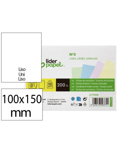 TARJETA ESTUDIAR LISA CARTULINA 170 GR/M2 100X150MM PQ.DE 200 UD.