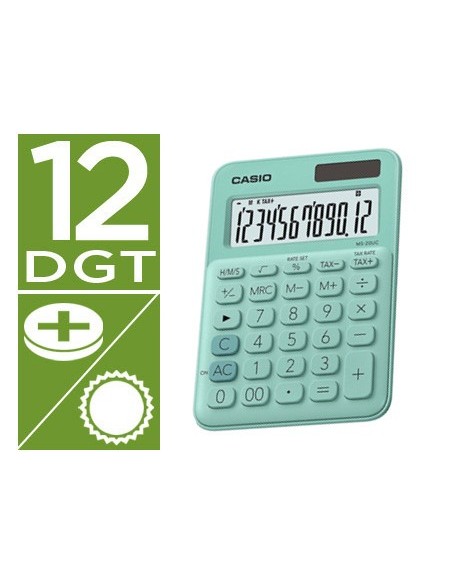 CALCULADORA CASIO MS-20UC-GN SOBREMESA 12 DIGITOS TAX +/- COLOR VE.