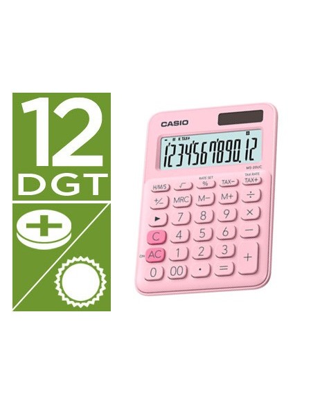 CALCULADORA CASIO MS-20UC-PK SOBREMESA 12 DIGITOS TAX +/- COLOR ROSA
