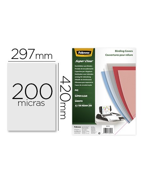 TAPA ENCUADERNACION FELLOWES A3 PVC TRANSP. CRISTAL 200MC PACK 100UD