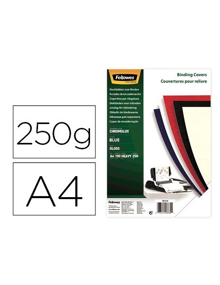 TAPA ENCUADERNACION FELLOWES A4 CARTON BRILLO AZ. 250GR.PK.100 UD.