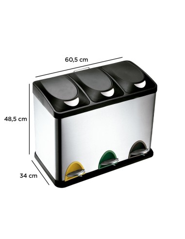 PAPELERA Q-CON.METALICA TAPA PLAST. Y PEDAL 3 DEP. 45L 605X340X485 MM