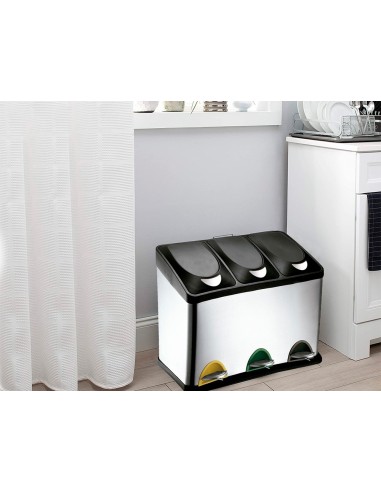 PAPELERA Q-CON.METALICA TAPA PLAST. Y PEDAL 3 DEP. 45L 605X340X485 MM