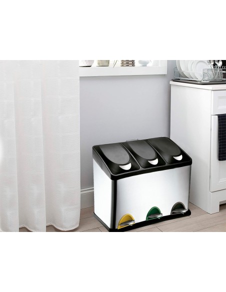PAPELERA Q-CON.METALICA TAPA PLAST. Y PEDAL 3 DEP. 45L 605X340X485 MM