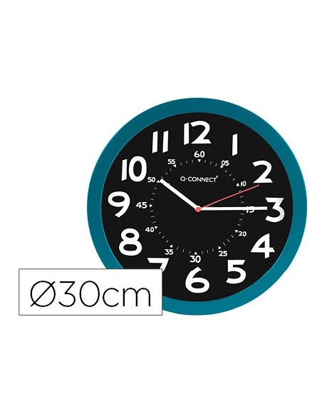 RELOJ Q-CON.PARED PLASTICO OFICINA RED.30 CM AZ.,ESFERA NG.