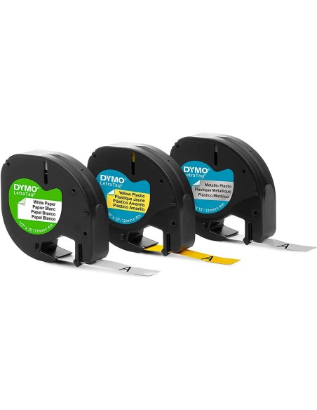 CINTA DYMO MET.LETRATAG 12X4MT PAPEL BL./ PLAST.AM./MET.PLATA PK.DE 3
