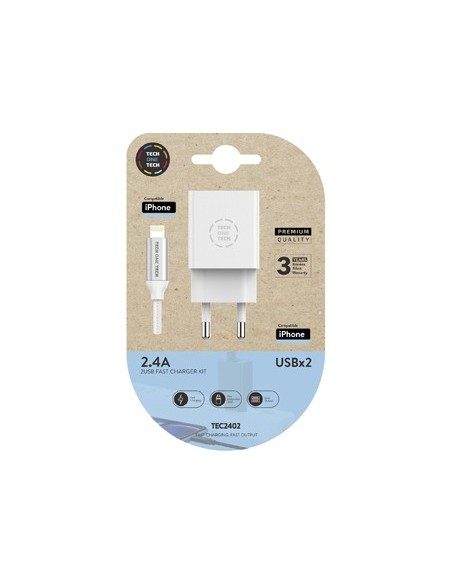 CARGADOR TECH ONE 2.4 2XUSB+CABLE BRAIDED MICRO USB APPLE 1MT.BL.