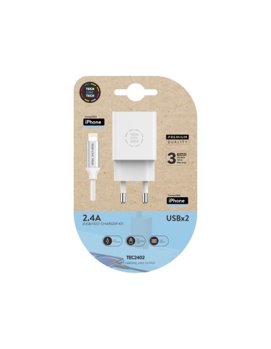 CARGADOR TECH ONE 2.4 2XUSB+CABLE BRAIDED MICRO USB APPLE 1MT.BL.