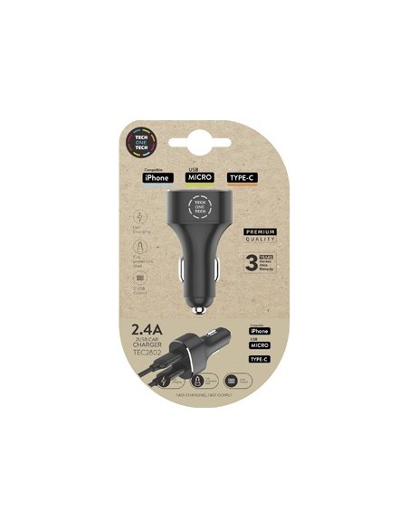 CARGADOR TECH ONE 2.4 COCHE MECHERO DOBLE IPHONE/USB MICRO/TYPE-C NG.