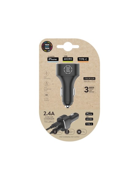 CARGADOR TECH ONE 2.4 COCHE MECHERO DOBLE IPHONE/USB MICRO/TYPE-C NG.