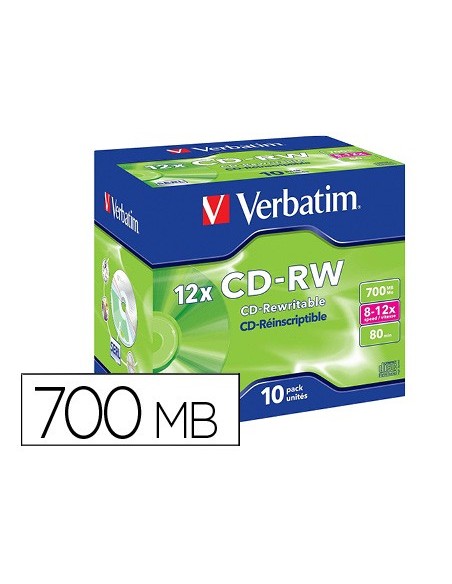 CD-RW VERBATIM SERL 700MB VELOCIDAD 12X 80 MIN PK.DE 10 UD.
