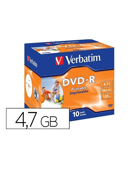 DVD-R VERBATIM IMPRIMIBLE 4.7GB VEL 16X120MIN 10UD.