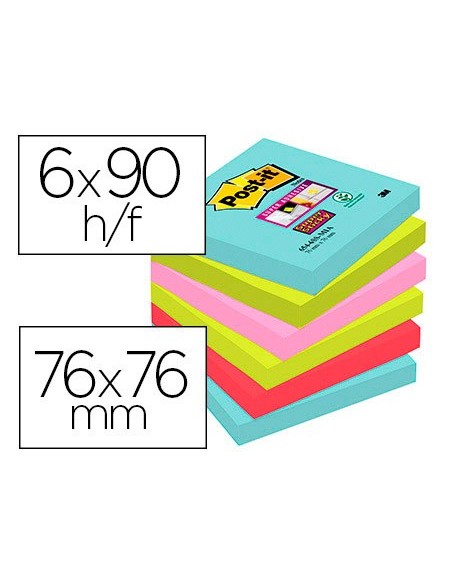 BLOC NOTAS ADH.POST-IT SUPER STICKY 76X76MM 6UD 90H. COL.SURT.