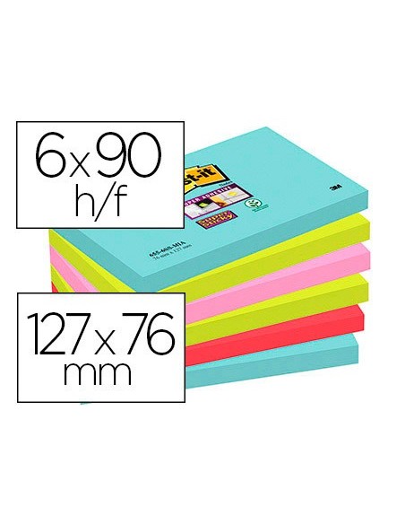 BLOC NOTAS ADH.POST-IT SUPER STICKY 76X127MM 6UD 90H. COL. SURT.