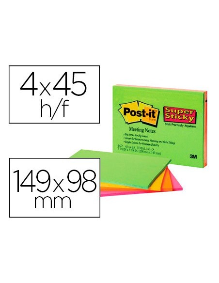 BLOC NOTAS ADH.POST-IT SUPER STICKY 149X98MM 4UD 45H. COL. SURT.