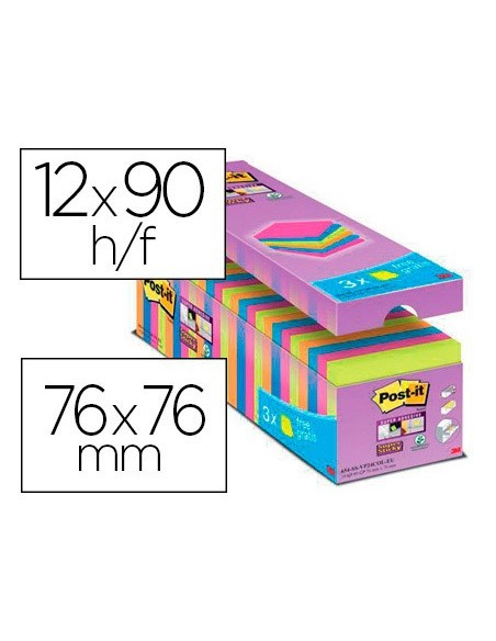BLOC NOTAS ADH.POST-IT SUPER STICKY 76X76MM 24UD 90H. COL.SURT.